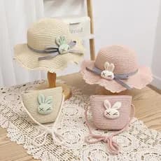 Chapéu de Palha Infantil de Desenho Animado Coelho da Sorte para Meninas, Chapéu de Sol de Aba Larga para Férias de Verã