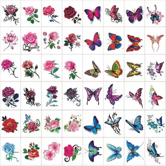 [Conjunto de 50 peças] Adesivos de tatuagem à prova d'água para mulheres, designs de rosas e borboletas de longa duração