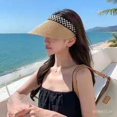 Chapéu de palha feminino para férias de verão na praia, estilo ins, com padrão xadrez, proteção solar, chapéu com faixa