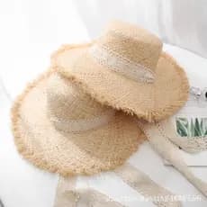Chapéu de palha de ráfia com amarração simples e elegante para mulheres, chapéu de sol de aba larga para o verão, proteç