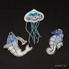 Apliques de tecido franceses feitos à mão com contas e motivos marinhos como cavalos-marinhos e golfinhos, acessórios de