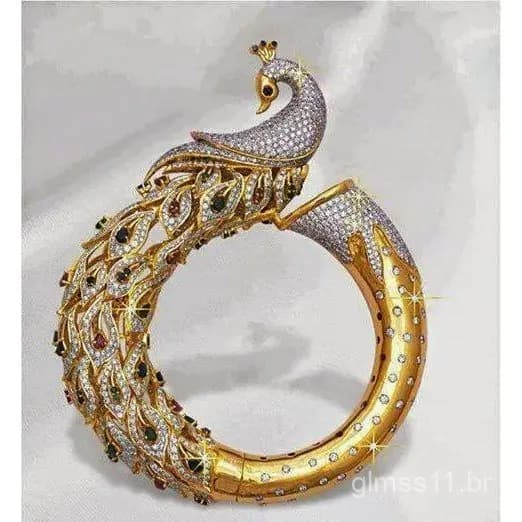 Anel Feminino Sanjie com Design de Pavão Exagerado, Cravejado de Diamantes, Banhado a Ouro, em Liga de Dois Tons, Acessó