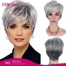 Peruca de cabelo curto e cacheado cinza para mulheres, estilo europeu e americano, com risca lateral e franja lateral, p