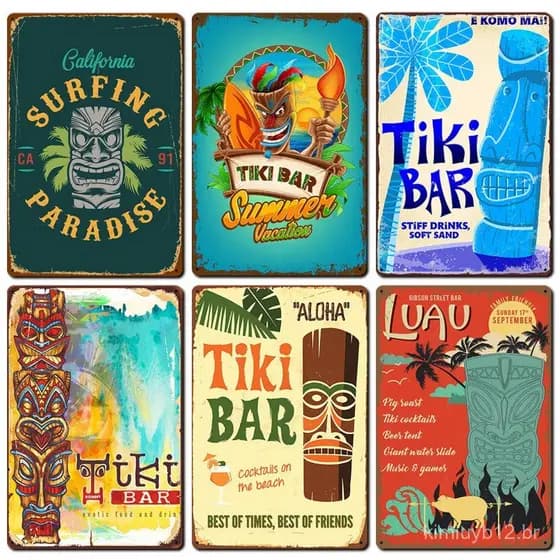 2024 Novo Painel Decorativo Vintage Estilo Americano Tiki Bar em Lata para Parede de Fundo de Bar/Cafeteria, Sem Moldura