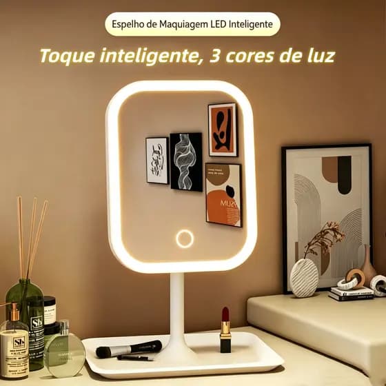 Espelho LED de Mesa com Bandeja Porta Maquiagem Luz 3 Cores Ajustável Touch USB