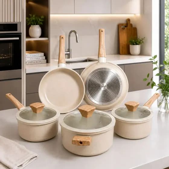 Jogo De Panelas Cerâmica Gourmet Antiaderente 5 Peças Indução Fogão Gas vidroceramico Soft Touch Tampa Vidro Premiumm