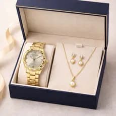 Kit Relógio Feminino Dourado + Colar Pérola + Brincos Luxo Presente Elegante