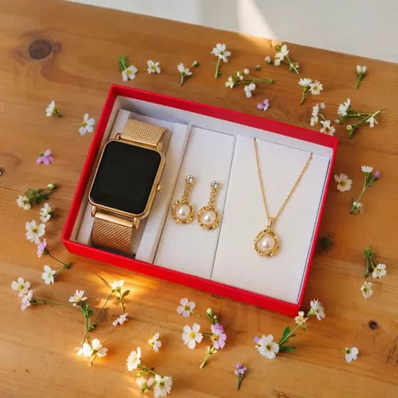 Kit Relógio Led Feminino Dourado + Colar e Brincos de Pérola Elegante Presente Premium