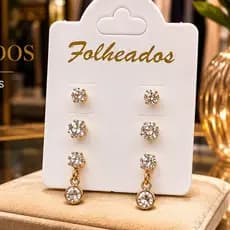 Kit Trio 3 Pares Brincos Femininos Folheados Ponto de Luz Zircônia Elegante