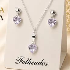 Conjunto Colar e Brincos Feminino Folheado a Prata Coração Cristal  Delicado Elegante Presente