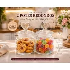 Potes de Vidro 650ml Tampa Coração Decorativa – Vidro Resistente - KIT com 2 potes