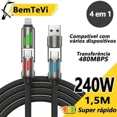 Cabo de iPhone 240W USB tipo C 4 em 1 cabo Turbo para iPhone/Samsung