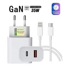Kit Carregador iPhone Turbo GaN 35W Tipo C Lightning com Cabo Carregamento Rápido