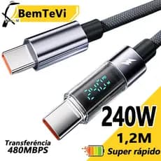 BemTeVi Pd 240W Cabo Tipo C USB-A Cabo de dados de carregamento rápido 5A para iPhone/Samsung/Motorola