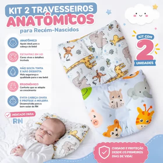Kit 2 Travesseiros Anatômico Para Recém Nascidos Protege Moleira Evita Cabeça Chata - Safári