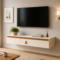 Rack Tv Suspenso Compacto Com Porta e Puxador em Couro