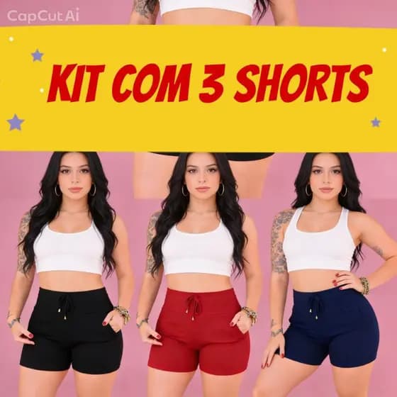 Kit 3 shorts feminino. short com bolso. short cintura alta. short canelado. short com elastano atacado estica