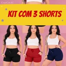 Kit 3 shorts feminino. short com bolso. short cintura alta. short canelado. short com elastano atacado estica