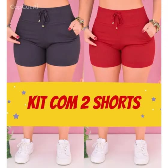 Kit 2 shorts feminino. short com bolso. short cintura alta. short canelado. short com elastano