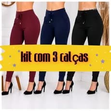 kit com 3 Calças Feminina canelada Cintura Alta com bolso Jogger skinny algodão e elastano frio blogueira
