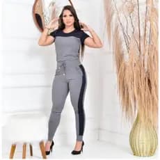 Conjunto Feminino Canelado Calça e Blusa Malha Com Elastano Elegante Casual Confortável Manga Curta Ribana