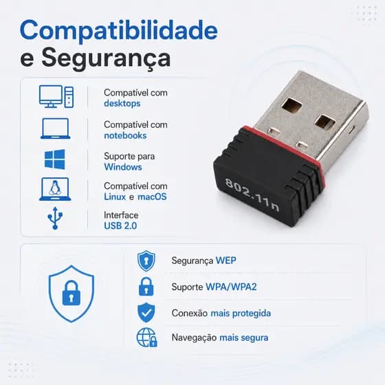 Mini Adaptador Wi-Fi Nano USB 2.4GHz 450Mbps – Conexão Rápida, Compacta e Estável para PC e Notebook