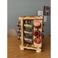 Porta Condimento e Porta Tempero de Torre com 12 potes de Vidro de Madeira Rustica com Temperos