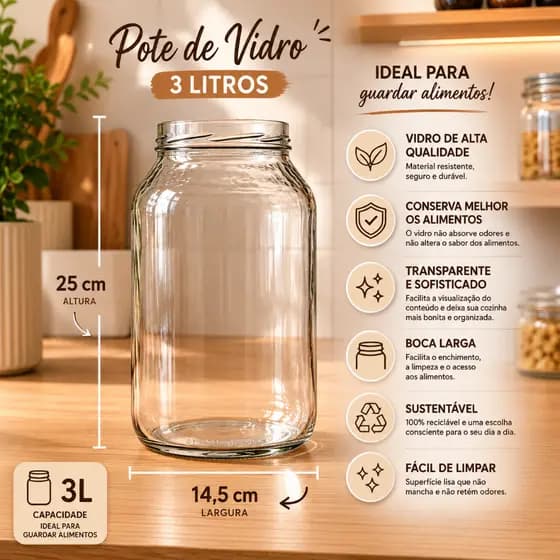 Pote De Vidro Pote De Conserva de 3 Litro com tampa, pote pratico para alimentos bolachas, pote novo