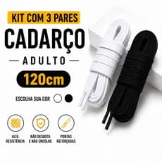 Kit 3 Pares Cadarço Chato 120cm Poliéster 9mm Reposição Branco Preto