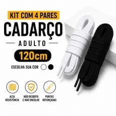 Kit 4 Pares Cadarço Chato 120cm Adulto Poliéster Preto Branco Para Tênis Casual