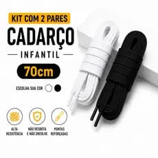 2 Pares Cadarço 70cm Infantil Chato Preto ou Branco Resistente Não Desbota Tênis Criança