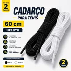 Kit 2 Pares Cadarço Infantil Chato 60cm Preto ou Branco Resistente Não Desbota Tênis Criança