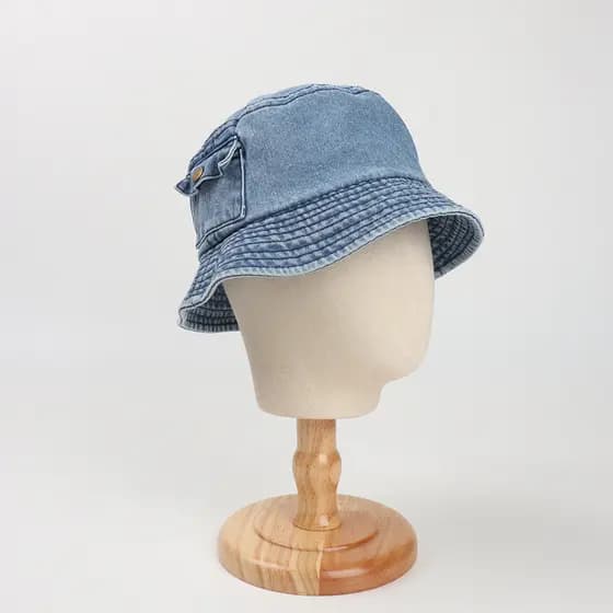 Chapéu de Pescador Feminino Vintage de Primavera e Verão em Denim com Pequeno Bolso, Aba Curta, Estilo Bacia, Lavado, Mo