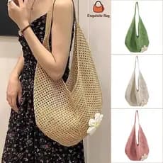 Bolsa de ombro de crochê, adequada para férias e lazer, bolsa de tricô com agulha, bolsa de grande capacidade