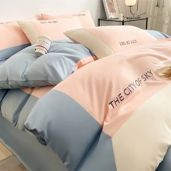 100% cama de algodão lavado amigável à pele conjunto de quatro peças cor sólida bordado único lençol de casal conjunto d