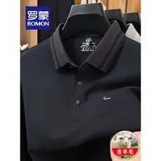 Lomon Camiseta masculina de lã com seda amoreira, manga comprida, lapela 2025, novo estilo, Base de outono, camisa POLO