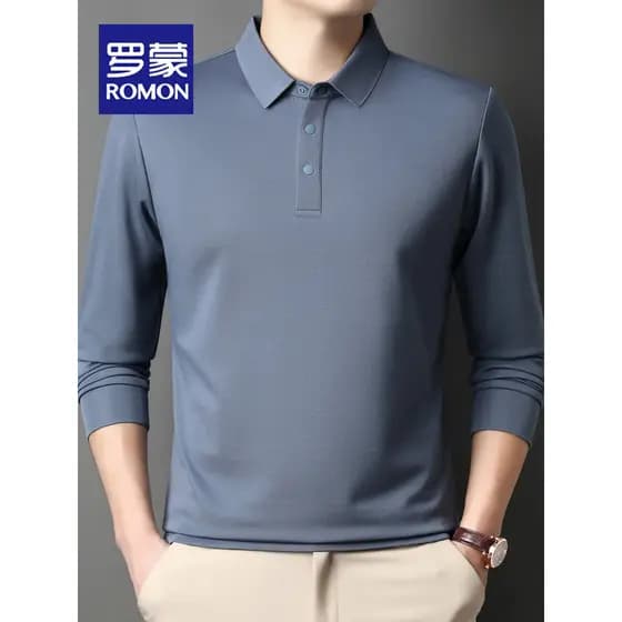 Lomon outono novo estilo de seda amoreira manga comprida camiseta masculina negócios Casual cor sólida lapela camisa POL