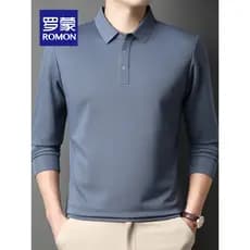 Lomon outono novo estilo de seda amoreira manga comprida camiseta masculina negócios Casual cor sólida lapela camisa POL
