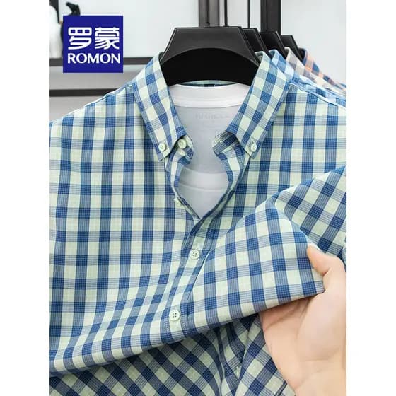 Romon verão novo estilo xadrez camisa de manga curta masculina negócios Casual Anti-rugas Tencel camisa de algodão fino