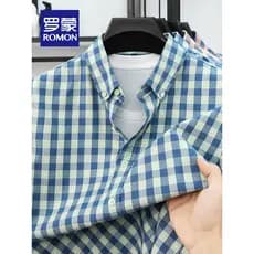 Romon verão novo estilo xadrez camisa de manga curta masculina negócios Casual Anti-rugas Tencel camisa de algodão fino