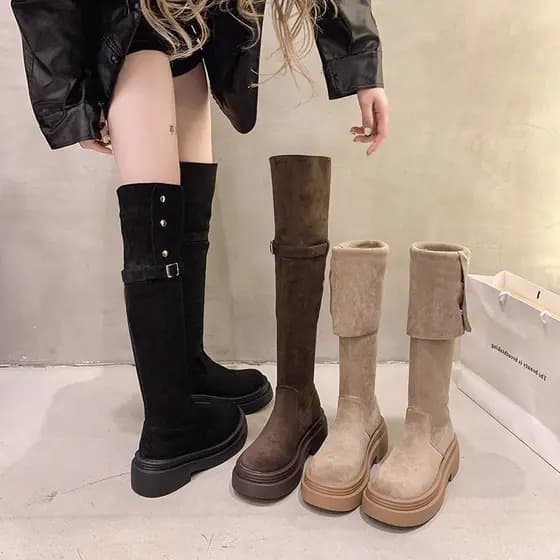Botas longas de sola grossa dobradas de duas peças femininas 2026 primavera outono novo estilo salto grosso sobre o joel