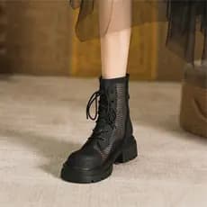 Sola grossa verão novo estilo gaze salto grosso 2025 respirável estilo fino verão botas curtas sandálias botas femininas