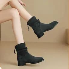W botas de pilha de inverno femininas 2026 novo estilo velo-velo salto grosso confortável botas femininas zíper traseiro