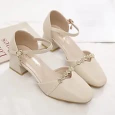 Baotou sandálias femininas verão salto grosso 2026 novo estilo de salto médio estilo fada alça plana couro macio sapatos