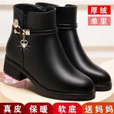 Marca mãe sapatos botas curtas couro genuíno feminino salto baixo grosso mais veludo outono inverno sapatos femininos de