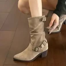 Botas de salto grosso de dedo apontado outono inverno botas de pilha de tubo médio botas de cavaleiro botas de equitação