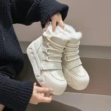 Botas de neve de couro feminino 2026 novo estilo inverno forro de lã engrossado sapatos de algodão quente de sola grossa