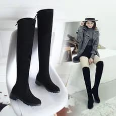 Primavera outono novo estilo botas femininas plana de salto baixo de salto grosso estiramento sobre o joelho botas preto