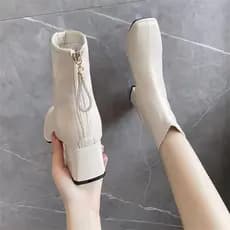2025 primavera outono novo estilo de couro macio dedo do pé quadrado salto grosso botas curtas zíper traseiro salto médi