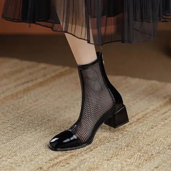Martin botas femininas 2025 verão novo estilo dedo do pé quadrado gaze botas curtas de salto médio confortáveis botas ún